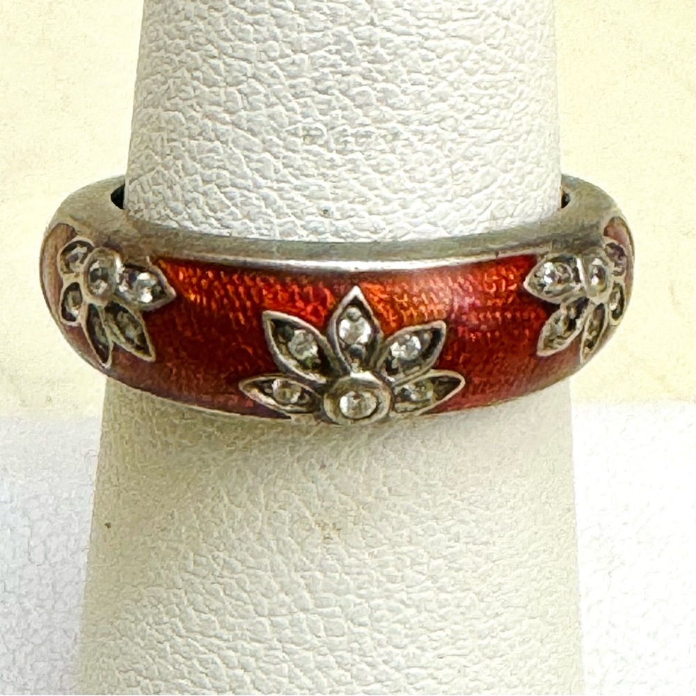 India Lotus Flower Sterling Silver with Swarovski  Crystal Inlaid in Red Ring